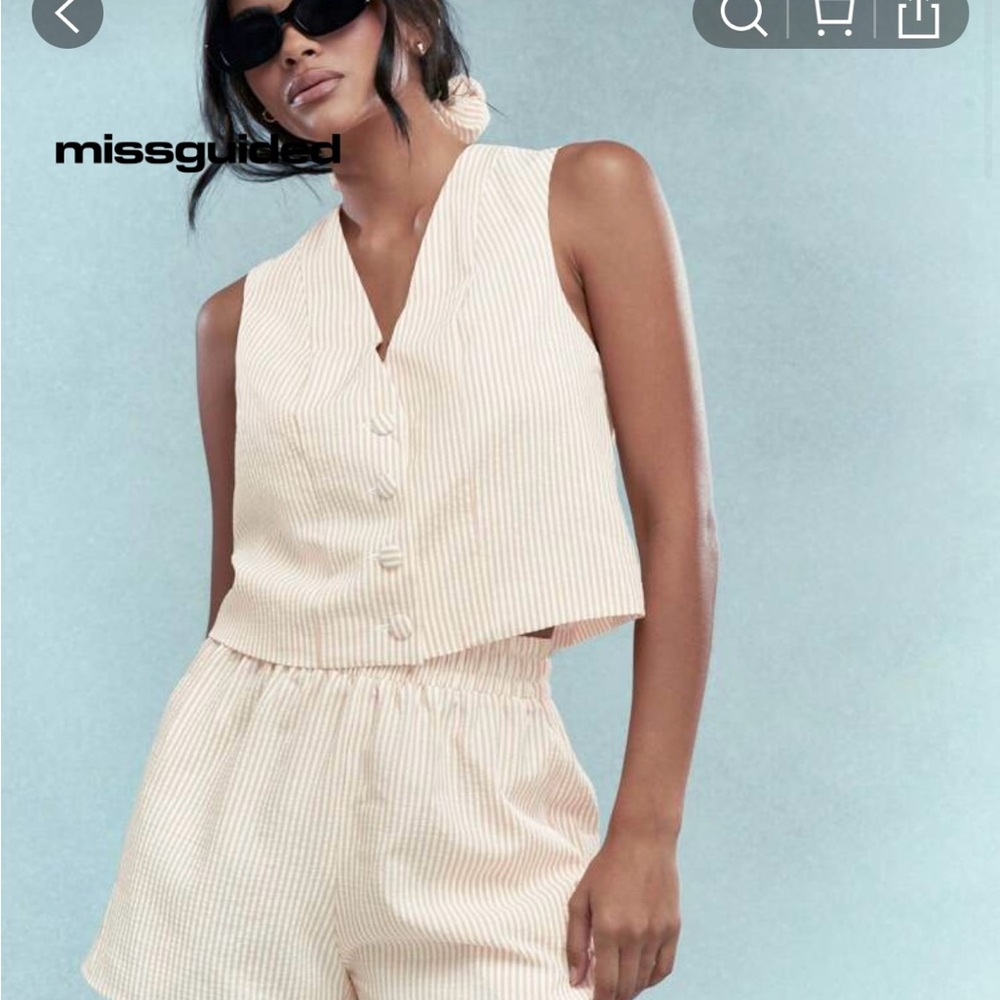 Beige Striped Sleeveless Vest and Shorts Set